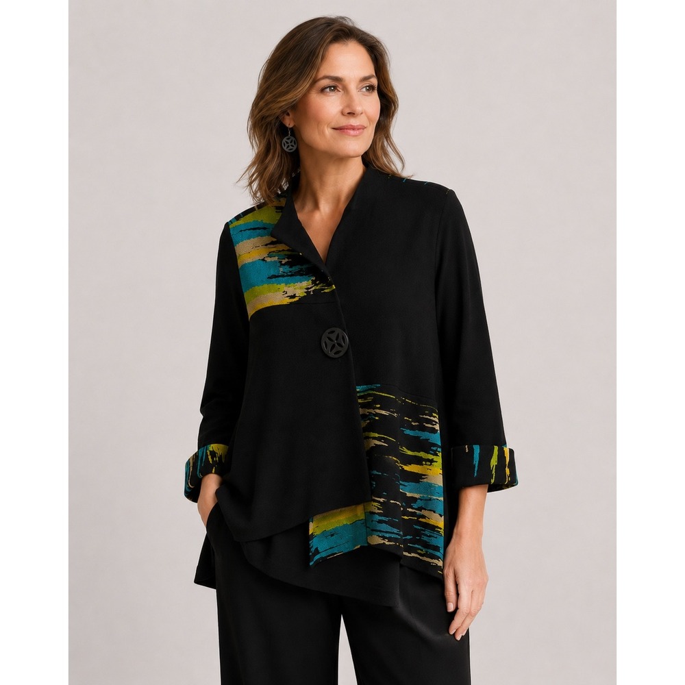 IC by Connie K Womens Black Abstract Art To Wear Button Jacket Made in USA L